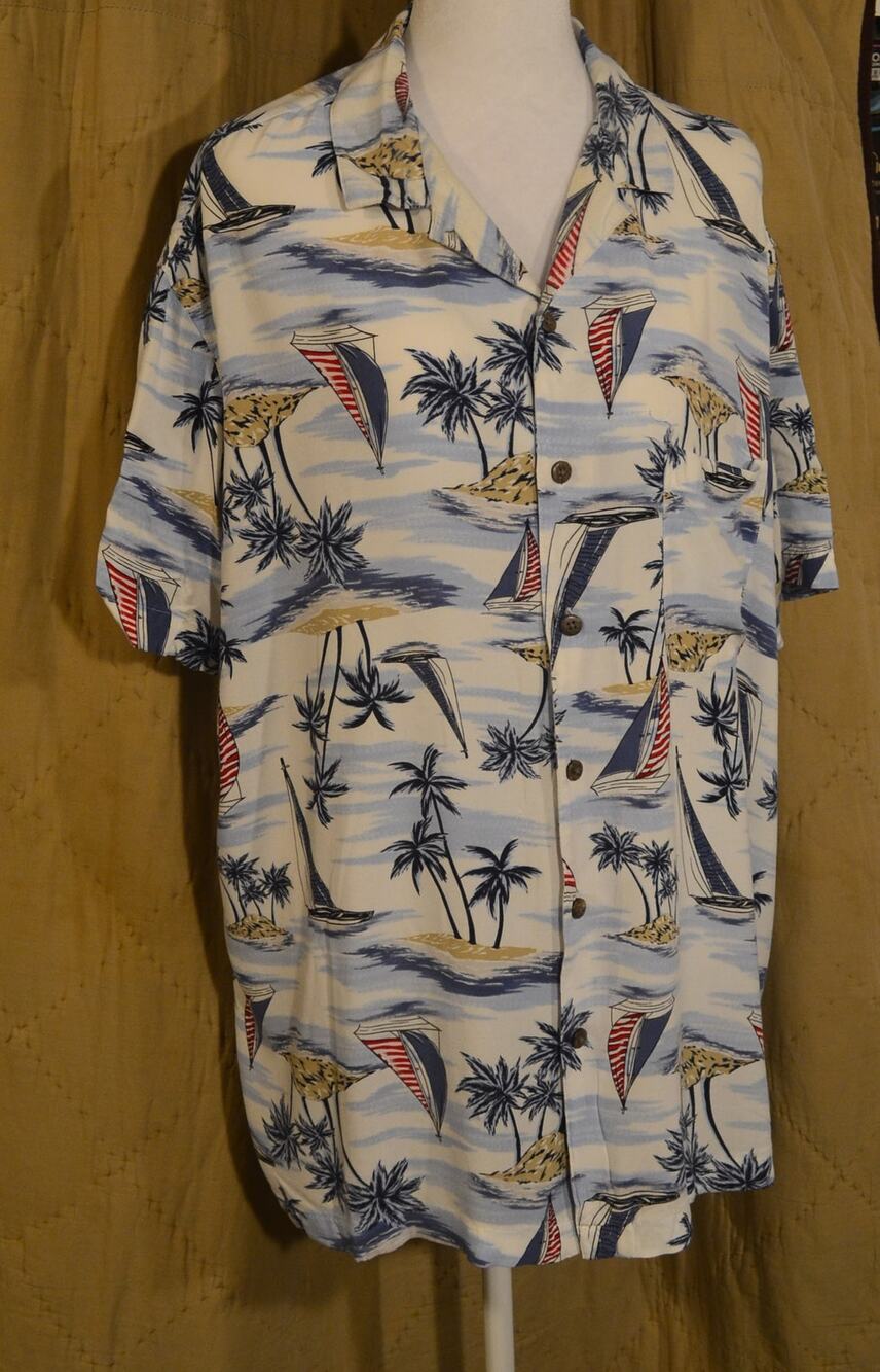 George Men’s XL Hawaiian Shirt Sailboat Palm Tree Tropical Rayon Button Up